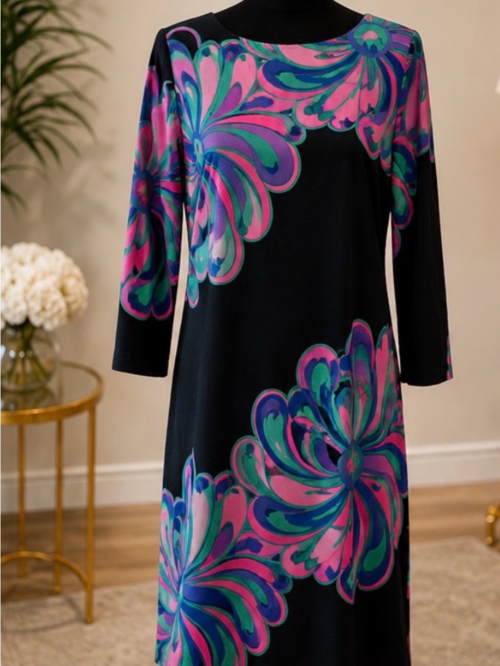 Lilly Pulitzer Shauna Big Bang Tunic Dress Size 10 Black Pink Floral Cotton